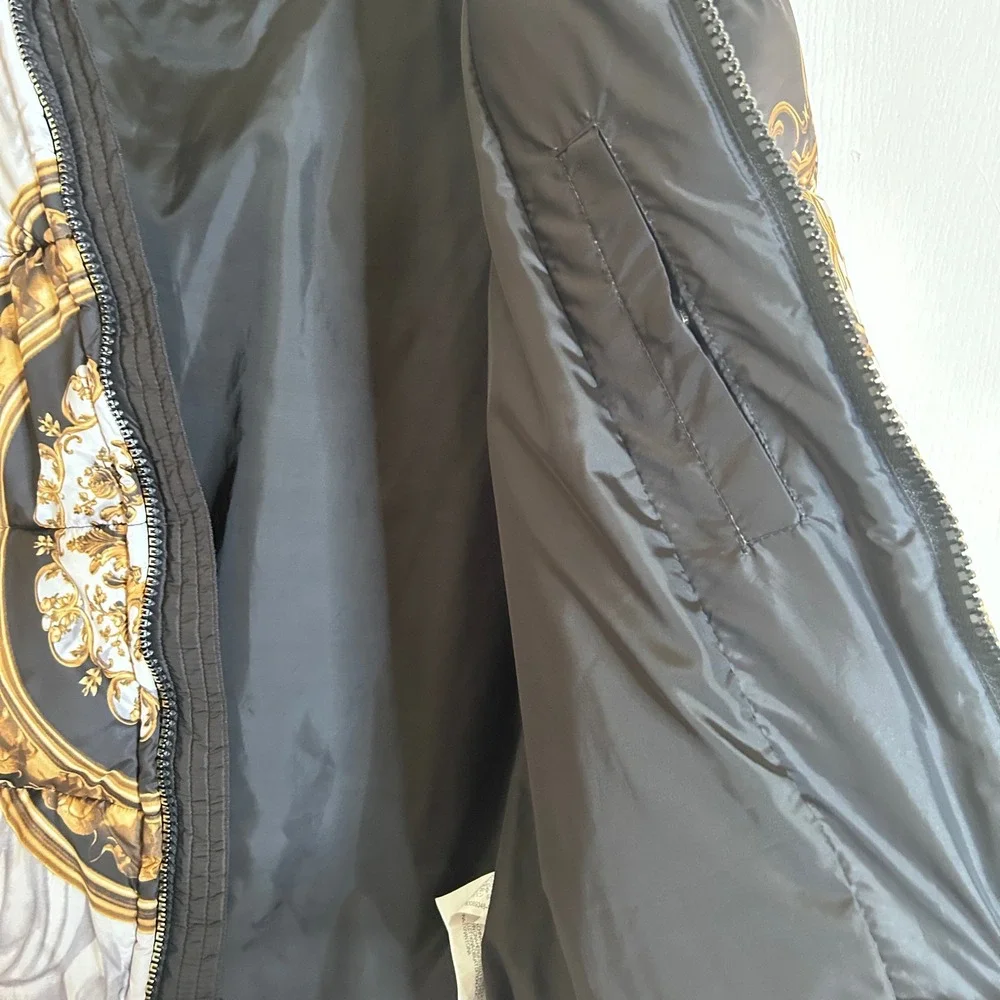 Zara Puffer Jacket Men's Large Black Gold Baroque Print Coat